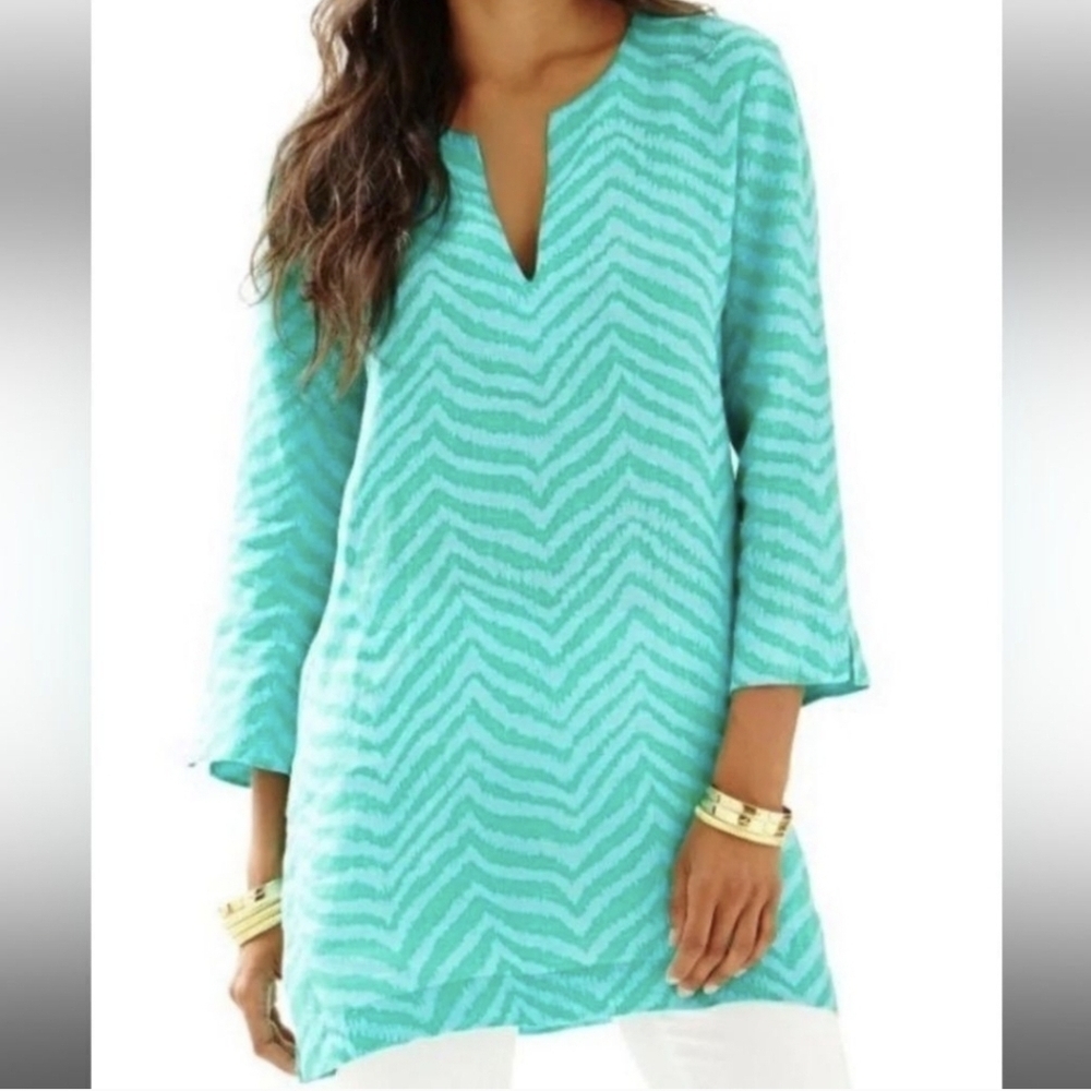 Lilly Pulitzer Green and Turquoise 100% Linen Tunic Top Resortwear Vacay